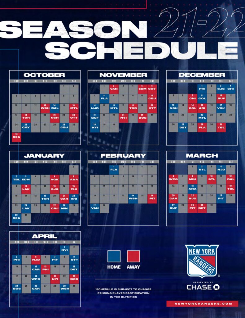 New York Rangers Schedule January 2022